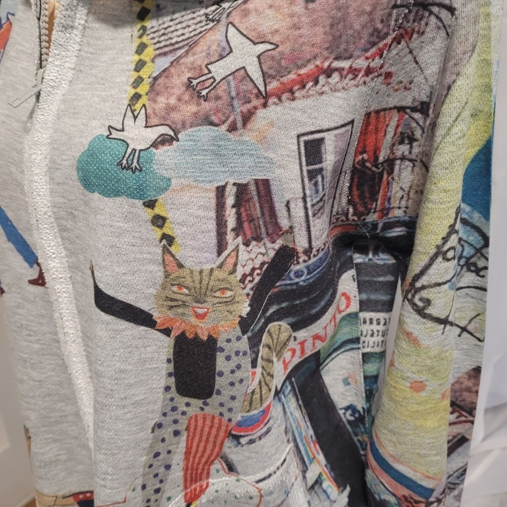 Inoah Zip Hoodie Gray S Paris Cat Graphic Art Print Lagenlook Made in USA Boho - Picture 7 of 9